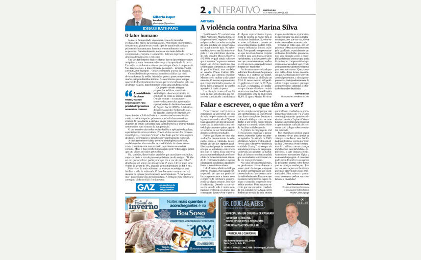 Captura da página do jornal impresso com a íntegra do artigo. Texto ilegível.